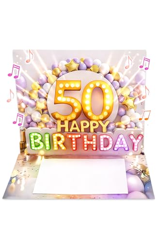 Joli Coon Biglietto auguri 50 anni donna – Biglietto auguri compleanno 50 anni con musica e luce pop up 3D con effetto luminoso, busta e adesivo sigillo – 20 × 15 cm
