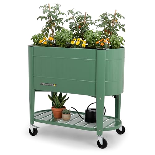 Permasteel Raised Garden Bed with Legs, 40×20×37 in, Planter Box with EnGrow™ TrueSoil™ Technology for Vegetables, Flowers, Herbs, and Fruit, Outdoor Indoor, Storage Shelf, Sage