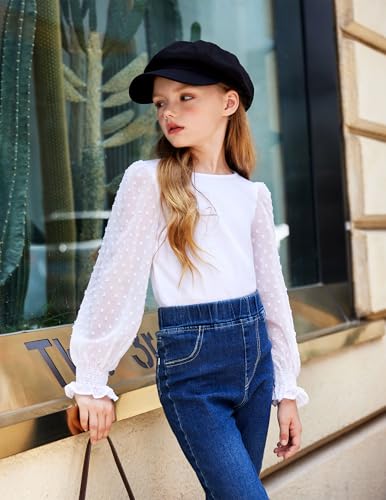 Image of Arshiner Girls Long Sleeve Shirt with Ruffle Cuffs Polka Swiss Dots Kids Girls Pullover Shirts Cute Crewneck Girls Top