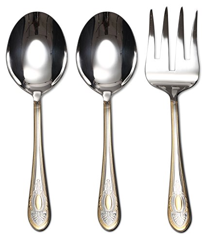 Italian Collection \'Windsor\' 75-Piece Premium Surgical Stainless Steel Silverware Flatware Set 18/10, Service for 12, 24K Gold-Plated Hostess Serving Set in a Wooden Case