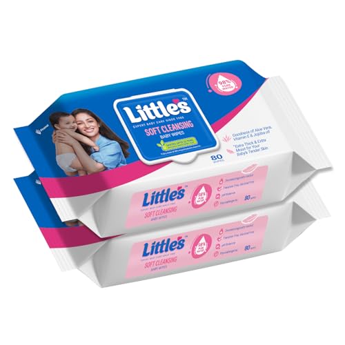 Little's Soft Cleansing Baby Wipes with Lid | 80 Wipes x Pack of 2 - 160 Wipes | Extra Thick & Moist Wet Wipes for Baby's | Prevents Rashes & Redness 