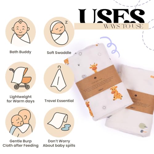 Image of HABER Organic Cotton Muslin Baby Bath Towel 80x100 Pack of 2|Gentle Towel for Infants & Toddlers - Forest and Giraffe