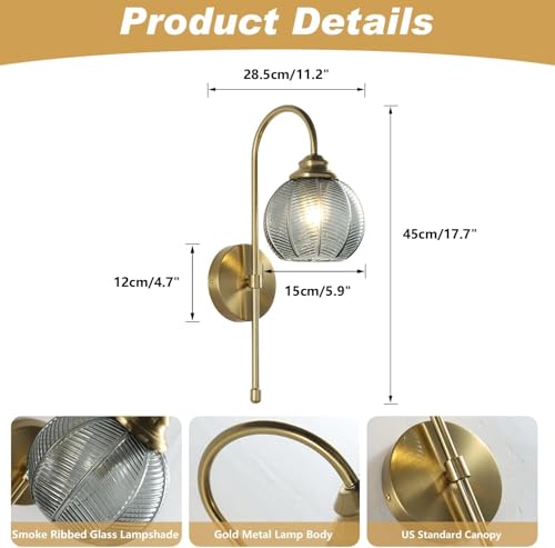 Image of KCO Lighting Gold Wall Light Smoke Glass Globe Sconce Antique Brass Long Arm Sconce Minimalist Vintage Fireplace Wall Sconces Mid Century Modern Bedside