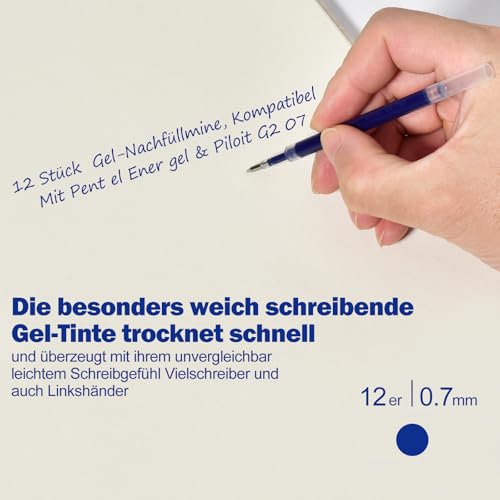 LVZONGXIN 12 Stück Liquid Gel-Nachfüllmine Metallspitze, Kompatibel Mit Pentel Energel - [ Blaue ] - 0,7mm Kugelspitze Ersatzminen, Funktioniert mit Pilot G2 07, Gelschreibermine [ NICHT RADIERBAR ]