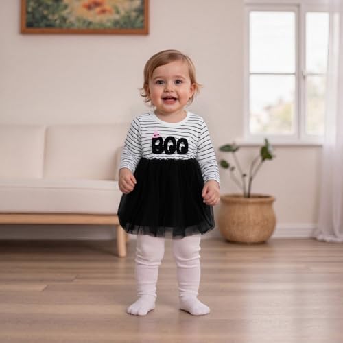 Toddler Girl Halloween Outfit Boo Embroidery Striped Long Sleeve Tulle Dress Infant Party Dress Fall Winter Clothes2