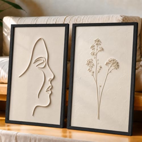Image of NoWorries Minimal Line Art Wall Painting Set of 2 with Frame | Abstract Woman Face & Botanical Flower Beige Artwork, Modern Neutral Wall Decor for Living Room, Bedroom, Office and Home Decoration (Art-18, 17x25inch)