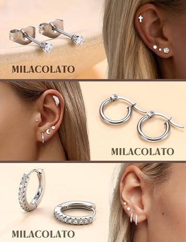 MILACOLATO 21 Pairs Silver Stud Earrings Set for Women Stainless Steel Cartilage Helix Small Tiny Hoop Earrings Star Moon Opal Cross Heart 20G Geometric Stud Earrings Piercing Jewellery-s - Image 4