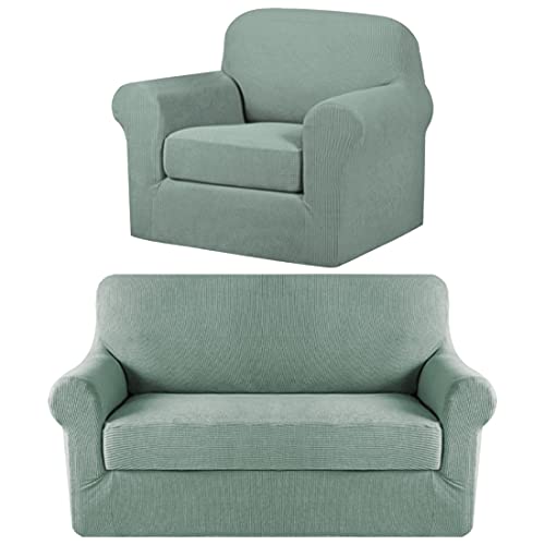 H.VERSAILTEX 2 Piece Loveseat Sage Slipcovers Stretch Bundle High Stretch 2-Piece Sage Armchair Cover, Spandex Jacquard Fabric Super Soft Skid Resistant Sofa Protector