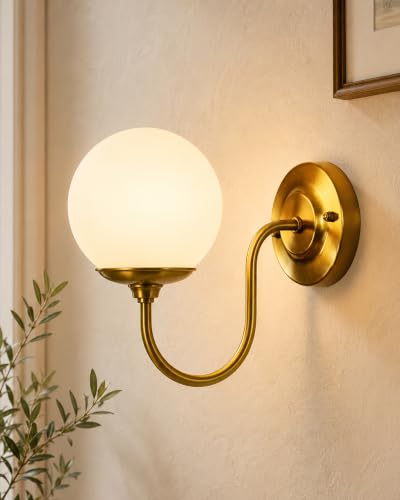 Image of Homesake Antique Brass Wall Sconce with White Pleated Fabric Shade, Vintage E27 Wall Light Fixture, Industrial Gold Wall Lamp for Bedroom, Living Room, Bathroom, Hallway & Home Decor