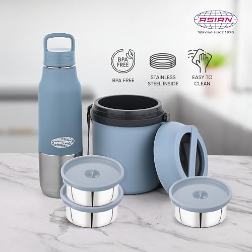 Image of ASIAN Stainless Steel Lunch Box (700ml) & Insulated Water Bottle (500ml) Combo Gift Set | Leakproof Steel Tiffin & Flask for Kids | BPA Free Back to School Essential Kit (Blue)
