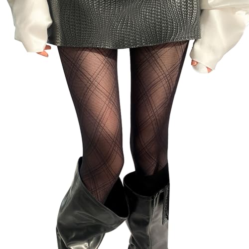 Nanmuir Womens Fishnet Tights with Plaid Pattern Sheer Mesh Pantyhose for Dresses