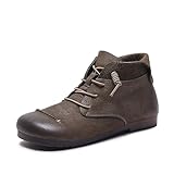 Women's Genuine Leather Flat Ankle Boots Retro Comfortable Round Toe Elastic Lace-up Anti-slip Soft Bottom Low Heel Booties Casual Office Soft Walking Boots (gray,7,7)