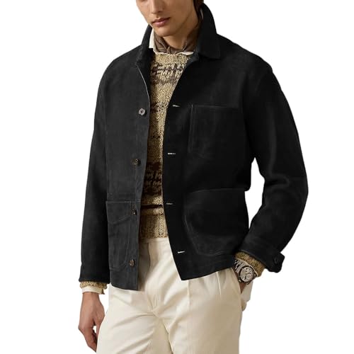 Suede Leather Jacket Men – Real Lambskin Suede Casual Leather Jackets For Men - Mens Suede Jacket (US, Alpha, X-Large, Regular, Regular, Black)