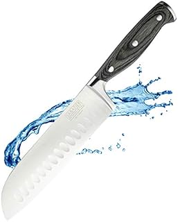 Sabatier Professional Oriental Santoku Kitchen Knife - 7in/17.5cm Full Tang Taper Ground Stainless Steel Blade. Unique Grey Pakkawood Triple Rivet Handle. Lifetime Performance 25yr Guarantee