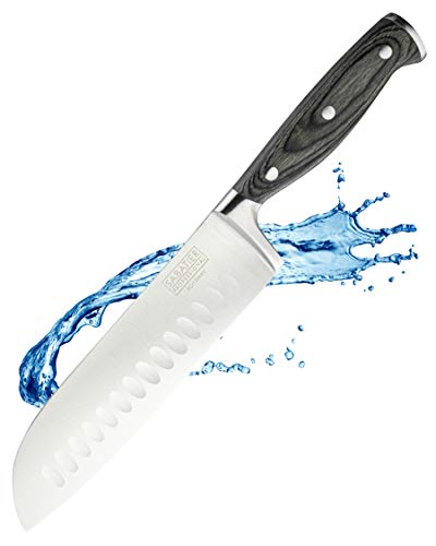 Sabatier Professional Oriental Santoku Kitchen Knife - 7in/17.5cm Full Tang Taper Ground Stainless Steel Blade. Unique Grey Pakkawood Triple Rivet Handle. Lifetime Performance 25yr Guarantee