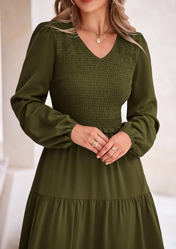 Image of PRETTYGARDEN Fall Dresses for Women 2025 Casual Long Sleeve V Neck Smocked A Line Long Flowy Wedding Guest Dress