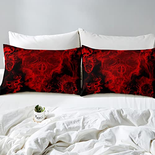 Gothic Skull Bed Sheets Red And Black Skeleton Sheet Set Full For Boys Teens Men Women,Psychedelic Goth Skull Bedding Set Trippy Smoke Halloween Fitted Sheet + Horror Flat Sheet + 2 Pillow Cases #TOP4