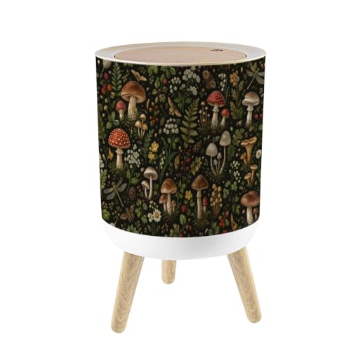 JBNJANKDAV Small Trash Can with Lid Autumn Seamless Mushrooms Berries Natural Trendy Print 1.8 Gallon/7L Garbage Can Waste Bin with Press Top Lid Legs Waste Basket for Bathroom Kitchen Bedroom