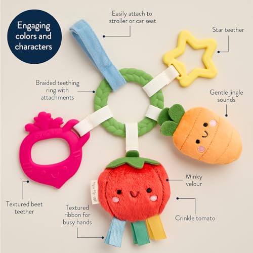 Image of Itzy Ritzy Teething Activity Toy - Bitzy Busy Ring Infant Teething Toy Features Braided Ring & Dangling Toys, Includes Teether, Ribbons, Crinkle Sound & Jingle Bell - 0 Months & Up (Veggie)