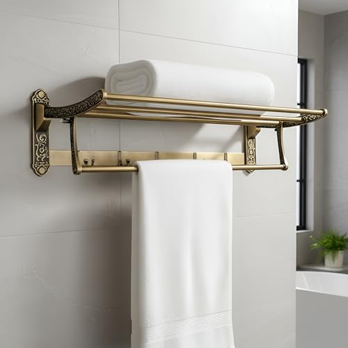 Image of iBELL 60 cm (23.6-Inch) Golden Antique Stainless Steel Folding Towel Rack for Bathroom | 90 Foldable Space-Saving Towel Stand | Towel Hanger | Bathroom Accessories