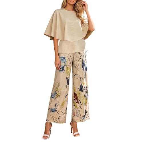 Traje de dos piezas elegante con blusa fluida y pantalón de tiro alto