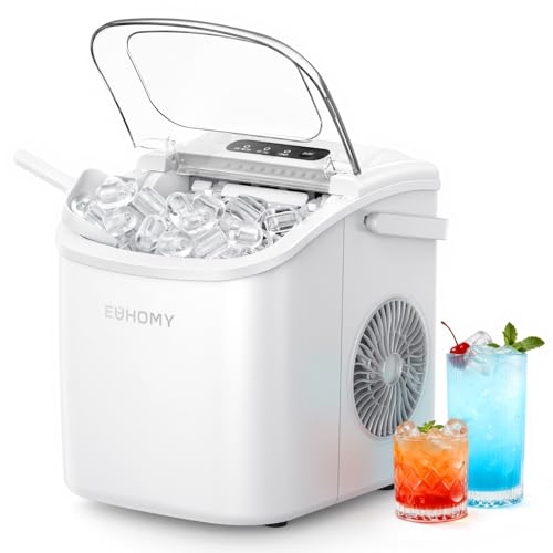 EUHOMY Countertop Ice Maker Machine with Handle, 26lbs Per Day, 9 Ice Cubes Ready in 6 Mins, Auto-Cleaning Portable Ice Maker with Basket and Scoop, for Home/Kitchen/Camping/RV (White)