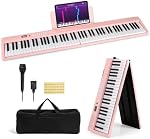 Costzon 88-Key Folding Piano Keyboard, Full-Size Semi-Weighted Electric Piano Digital Piano w/MIDI, Microphone, Music Stand & Carrying Bag, Portable Keyboard Piano for Beginners Adults (Pink)