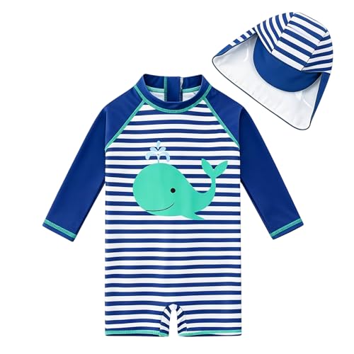 Image of ADUKIDE Baby Boys One Piece Swimsuit Size 0-24 Months Zipper Bathing Suit | Long Sleeve swimwear with back zipper, uv sun block, matching sun hat, for summer beach, water park, baby swim pool, holiday