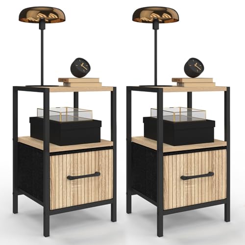 IDMarket - Lot de 2 Tables de Chevet Utah 1 tiroir et 1 Niche Effet Lattes