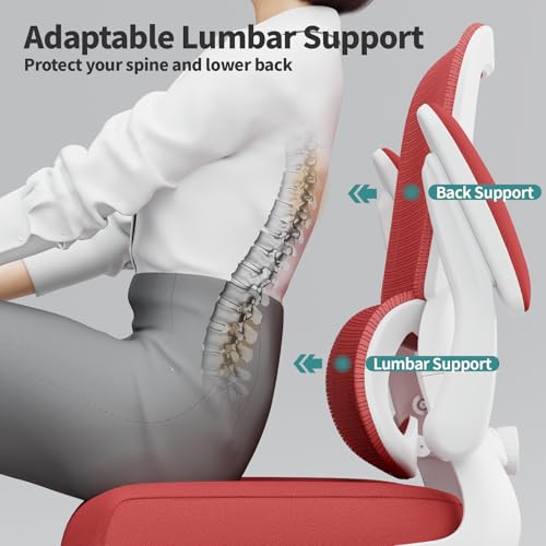 Image of TRALT Office Chair - Ergonomic Desk Chair with Adjustable Lumbar Support, Mesh Computer Chair, Executive Chair for Home Office Comfortable Lumbar Support (1, White Red)
