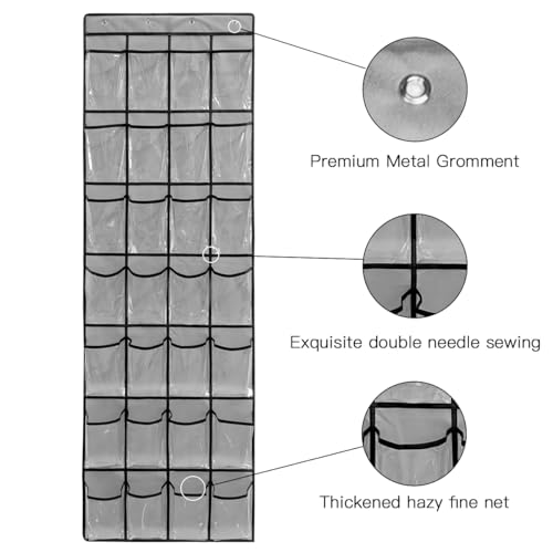 TidyMaster 28 Large 1 Pack Transparent Pockets Over The Door Shoe Organizer Sturdy Hanging Shoe Rack for Door Closet Sneakers or Accessories, 4 hooks(Grey&Black)