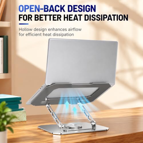 Image of 360 Rotating Aluminium Laptop Stand, Adjustable Ergonomic Laptop Riser with Swivel Base, Foldable Ventilated Desk Stand Compatible with All Laptops up to 17.3 Inches - Silver