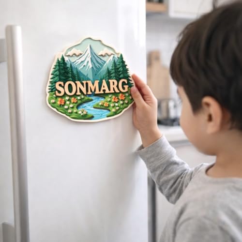 Image of Naxon Sonmarg Theme Souvenir Wooden Fridge Magnet | Meadow of Gold Snow Mountains & Valley Design 3x3 Inch Refrigerator Magnet for Kitchen & Home Decor | Travel Gift from Sonmarg | Pack of 1
