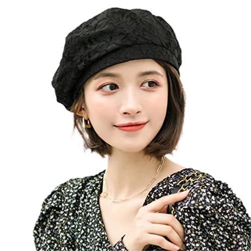 MECOCO Women's Lace Beret Vintage Beret Women's Hat Visor Hat Styling Cap, Black, Large