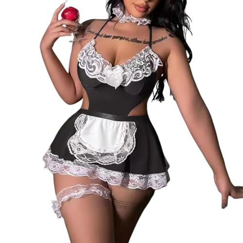Gatamiau Mujer Disfraces de Sirvienta Sexy Francesa Traje de Roleplay Conjunto de Lencería de Encaje Uniforme Hot para Halloween Babydoll Cosplay Sirvienta Navidad Negro (M)