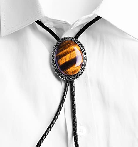 Image of Moranse Bolo Tie with Natural Tiger Eye Stone Celtic Style Genuine and Cowhide Rope