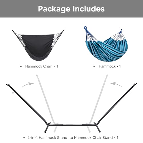 Image of SUNCREAT 2-in-1 Convertible Backyard Fabric Hammock with Stand, Blue Stripe