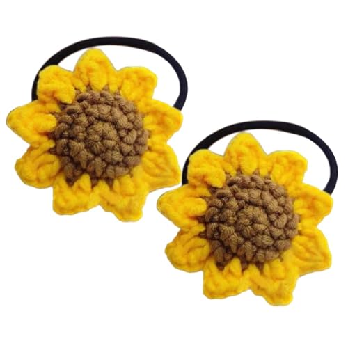 Theaque Set di 2 elastici per capelli per ragazze,in cotone fatto a mano,con girasole,elastici per capelli con fiori gialli,graziosi elastici per coda di cavallo,accessori per capelli all'uncinetto