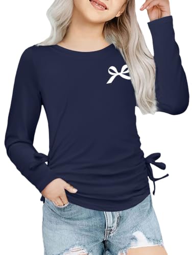 Image of Arshiner Girls Long Sleeve Shirts Ruched Knot Side Tunic Blouse Tee Tops