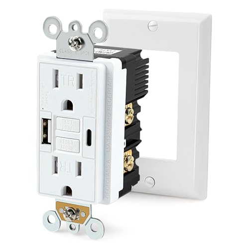 Delgada GFCI Outlet with USB Ports 15 Amp Electrical Outlet Outdoor Tamper-Resistant Receptacle Weather Resistant Outlet LED Indicator Light Wall Plate for Home Kitchen Bathroom
