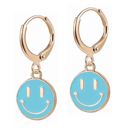 Image of Smiley Face Earrings Huggie Hoop Y2K Preppy Happy Lightning Bolt Heart Star Small Dangle Colorful Gold White Red Pink Yellow Blue Jewelry