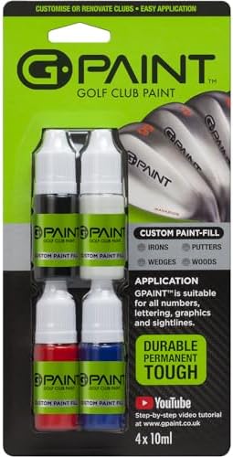 G-Paint Golf Club Paint - Touch Up, Fill in, Customize or Renovate Your Clubs - 4 Pack of 10ml Bottles. Black, White, Red & Blue