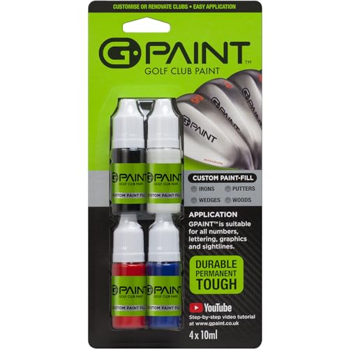 G-Paint Golf Club Paint - Touch Up Fill in Customize or Renovate Your Clubs - 4 Pack of 10ml Bottles. Black White Red & Blue