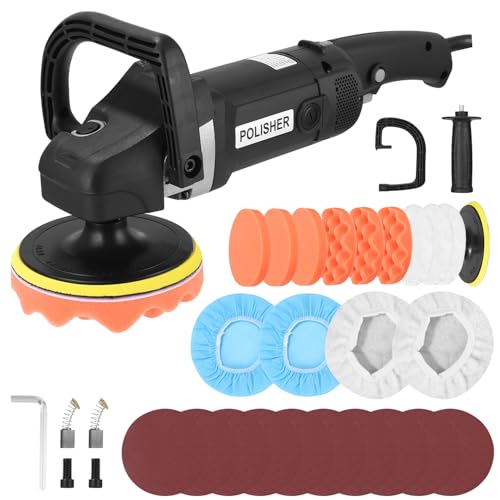 Pulidora profesional de 1600 W, 8 velocidades variables, juego de 24 unidades con plato de pulido de 180 mm, mango D extraíble y mango lateral, para encerar y pulir coches
