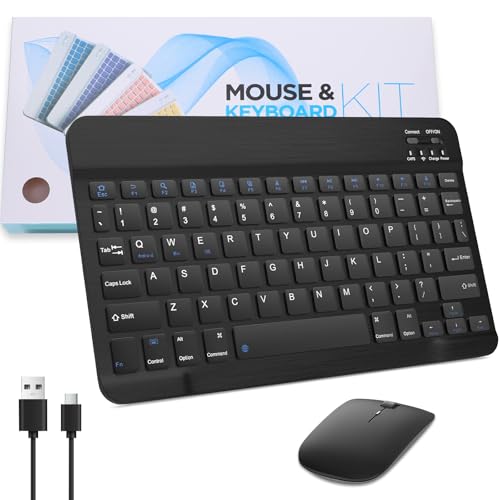 Ultra-Slim Bluetooth Keyboard and Mouse Combo 10 inch Wireless Keyboard and Mouse Set 2.4GHz Portable Rechargeable Bluetooth 3.0 Silent Keyboard for iPad Mac Windows Android Smartphone Black