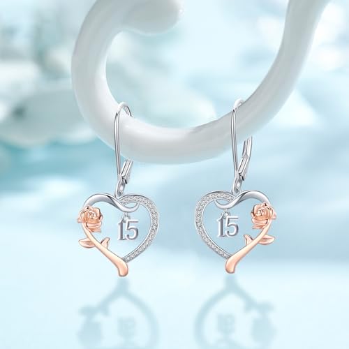 13th/ 15th/ 16th/ 18th/ 50th/ 80th Birthday Gifts for Women Daughter 925 Sterling Silver Love Heart Rose Flower Leverback Drop & Dangle Earrings Birthday Mothers Day Christmas Anniversary Graduation Jewelry3