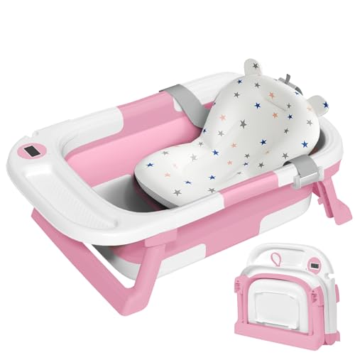Collapsible Baby Bathtub for Newborn to Toddler, Portable Foldable Baby Bathtub with Soft Cushion and Water Thermometer,No-Slip Hanging Travel Baby Bath Tub for Infants 0-36 Months, Pink