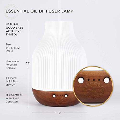 Essential Oil Diffuser Lamp, White Ceramic + Brown Wood, Ultrasonic 180Ml Whispersoft, 4 Timers | 5 Light Settings, Auto Shut Off, Home + Office, Humidifier Air Purifier Aromatherapy #TOP7