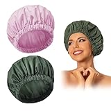 Picture of Reusable Shower Cap for Women, Large Waterproof Shower Essentials Bonnet Washable Elastic Band Bath Hair Wrap Hat for Long Hair, Braids(Green&Purple)