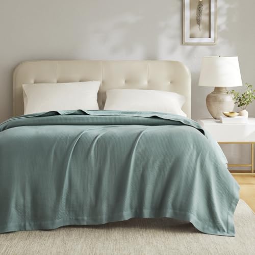 Image of Madison Park 100% Egyptian Cotton Summer Blanket Full Queen Size Teal | Cozy Soft Breathable Durable, Waffle Weave Woven Casual, Lightweight Knit All Season Throw for Bed Couch or Sofa, OEKO TEX